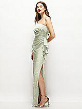 Side View Thumbnail - Vintage Primrose Celadon Strapless Draped Skirt Floral Satin Maxi Dress with Cascade Ruffle