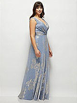 Side View Thumbnail - Larkspur Gold Foil Draped V-Neck Gold Floral Metallic Pleated Maxi Dress