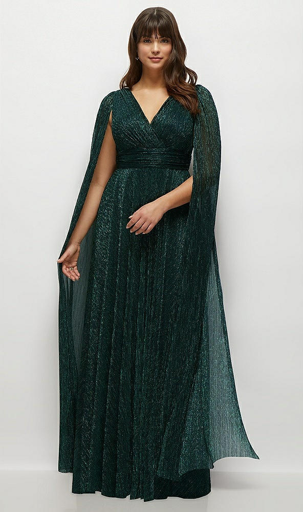 Front View - Metallic Evergreen Streamer Sleeve Pleated Metallic Maxi Dress with Full Skirt