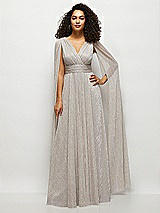 Front View Thumbnail - Metallic Taupe Streamer Sleeve Pleated Metallic Maxi Dress with Full Skirt