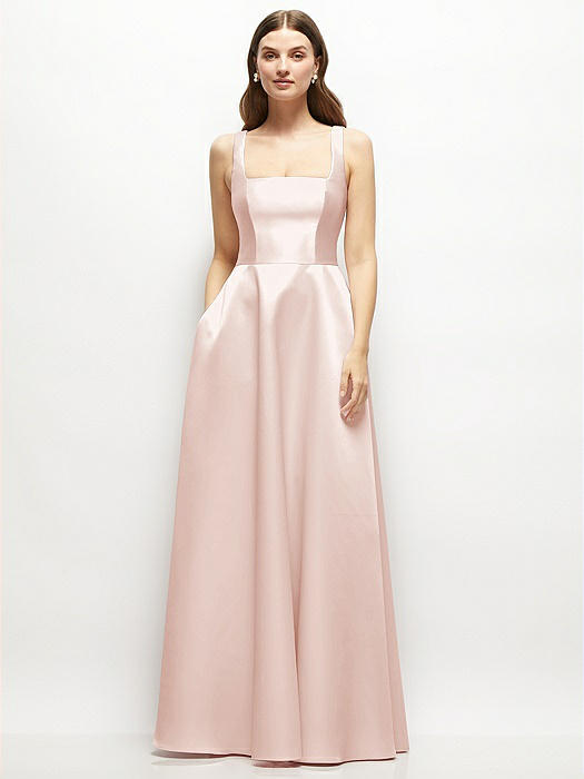 Square-Neck Satin Maxi Dress with Full Skirt