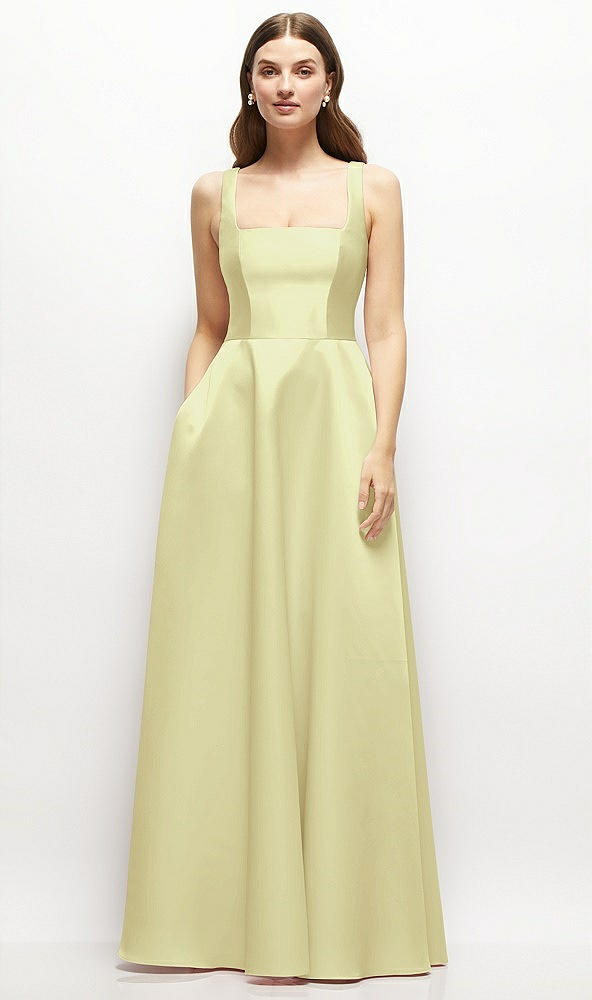 Front View - Butter Yellow Square-Neck Satin Maxi Dress with Full Skirt