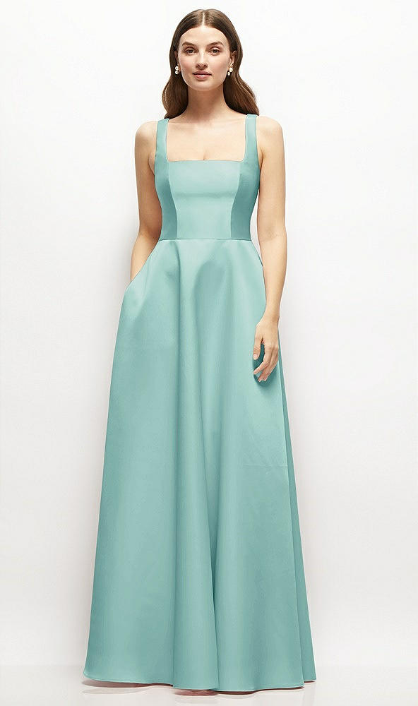 Front View - Coastal Square-Neck Satin Maxi Dress with Full Skirt