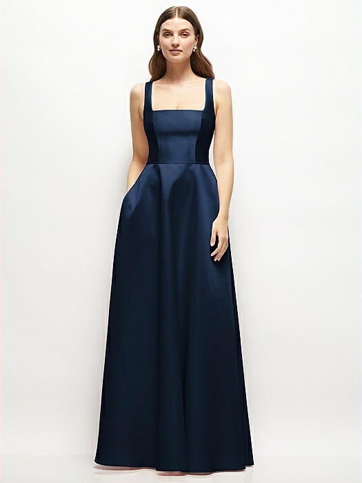 Square-Neck Satin Maxi Dress with Full Skirt