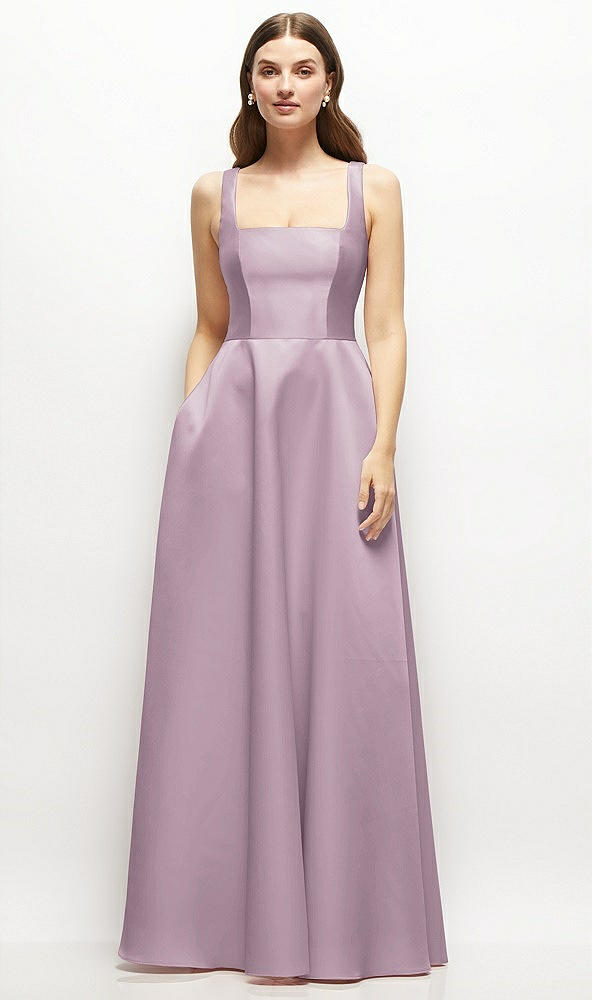 Front View - Suede Rose Square-Neck Satin Maxi Dress with Full Skirt