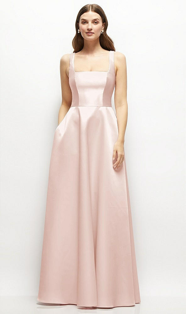 Front View - Blush Square-Neck Satin Maxi Dress with Full Skirt