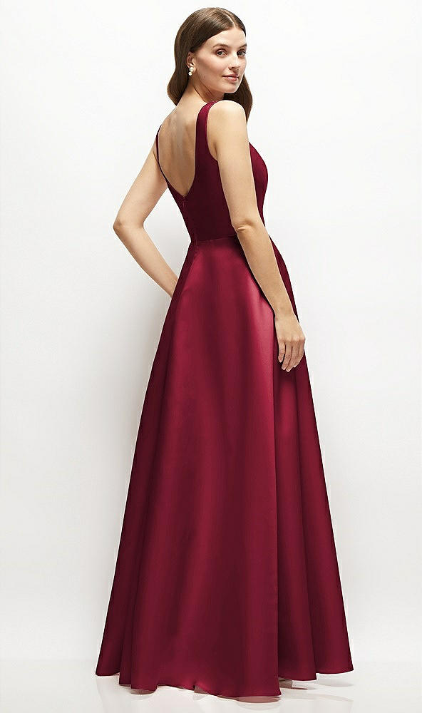 Back View - Burgundy Square-Neck Satin Maxi Dress with Full Skirt