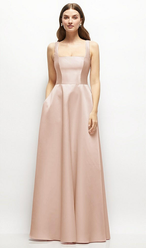 Front View - Cameo Square-Neck Satin Maxi Dress with Full Skirt