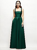 Front View Thumbnail - Hunter Green Square-Neck Satin Maxi Dress with Full Skirt