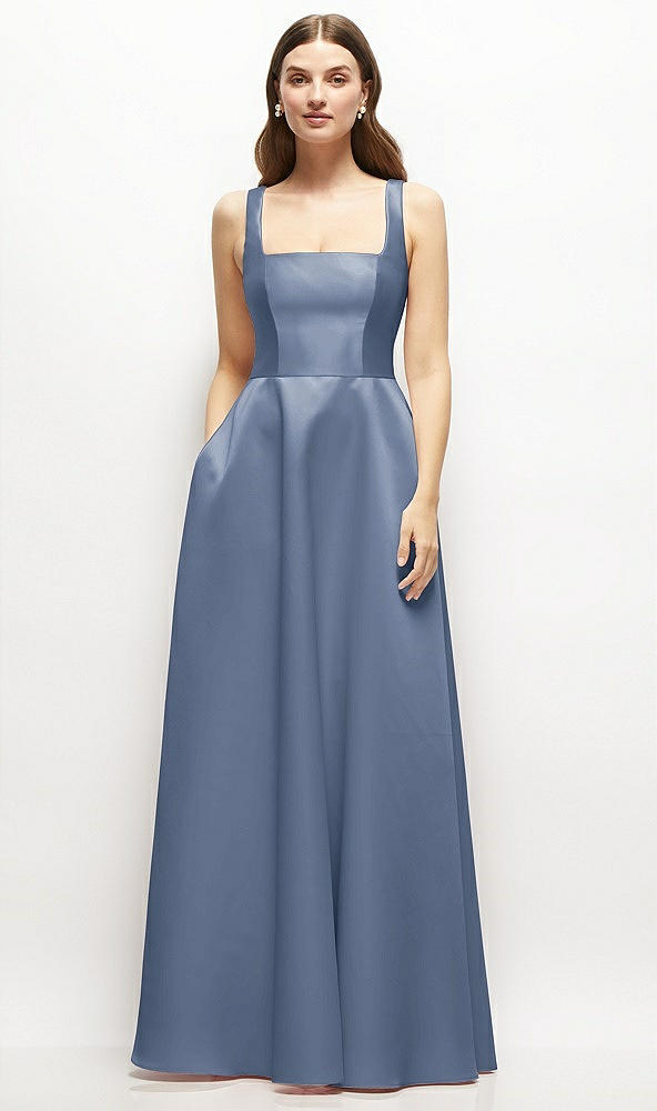 Front View - Larkspur Blue Square-Neck Satin Maxi Dress with Full Skirt