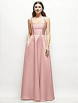 Front View Thumbnail - Rose - PANTONE Rose Quartz Square-Neck Satin Maxi Dress with Full Skirt