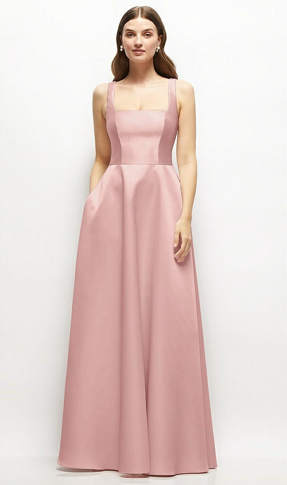 Front View - Rose - PANTONE Rose Quartz Square-Neck Satin Maxi Dress with Full Skirt