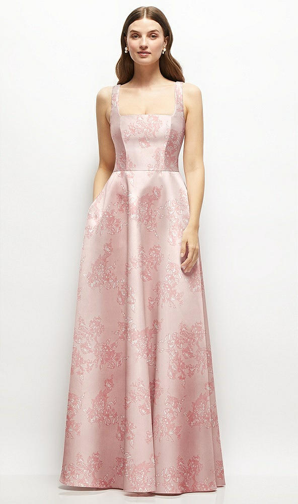 Front View - Bow And Blossom Print Floral Square-Neck Satin Maxi Dress with Full Skirt