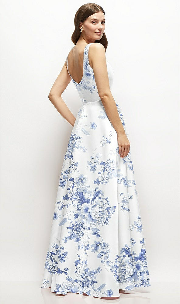 Back View - Cottage Rose Larkspur Floral Square-Neck Satin Maxi Dress with Full Skirt