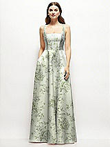 Front View Thumbnail - Sage Cottage Rose Floral Square-Neck Satin Maxi Dress with Full Skirt