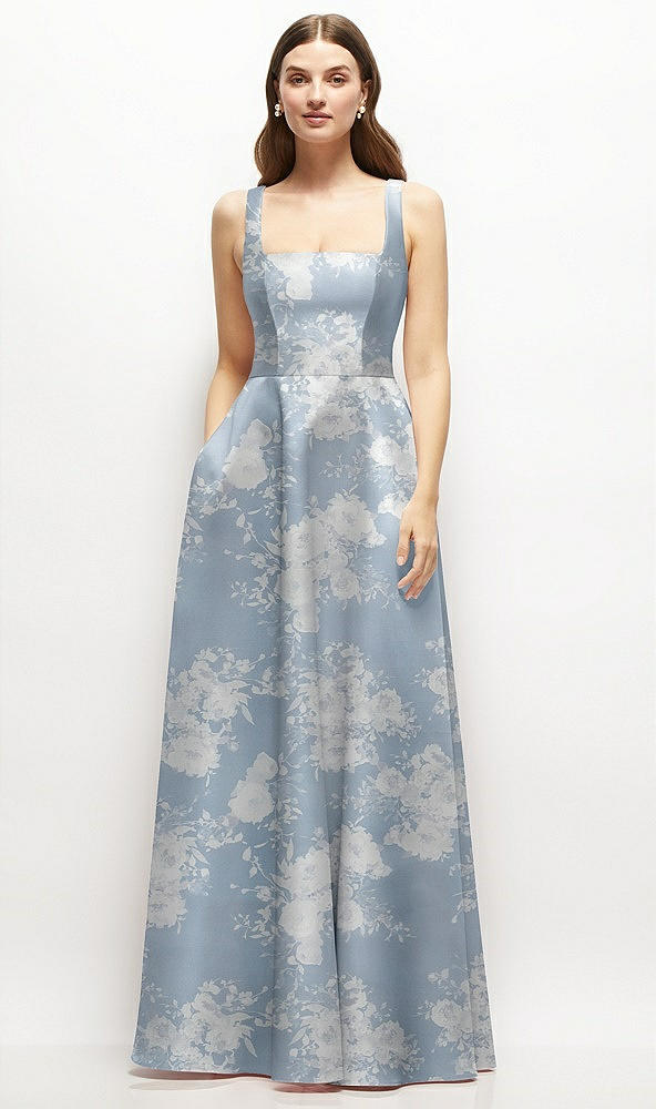 Front View - Porcelain Blue Seraphina Floral Floral Square-Neck Satin Maxi Dress with Full Skirt