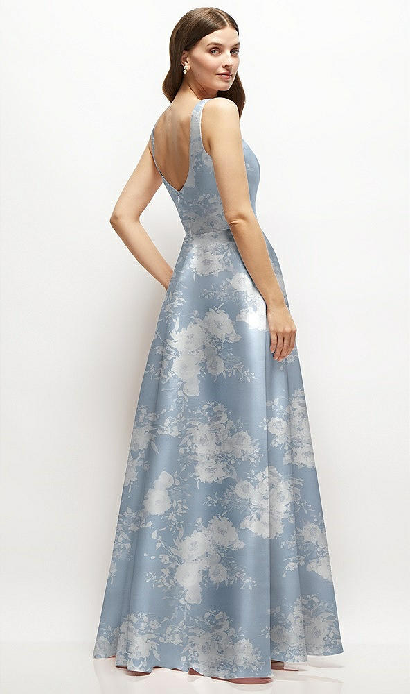 Back View - Porcelain Blue Seraphina Floral Floral Square-Neck Satin Maxi Dress with Full Skirt