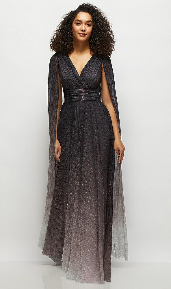 Front View - Plum Noir Streamer Sleeve Ombre Pleated Metallic Maxi Dress