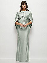 Front View Thumbnail - Willow Green Draped Stretch Satin Maxi Dress with Built-in Capelet