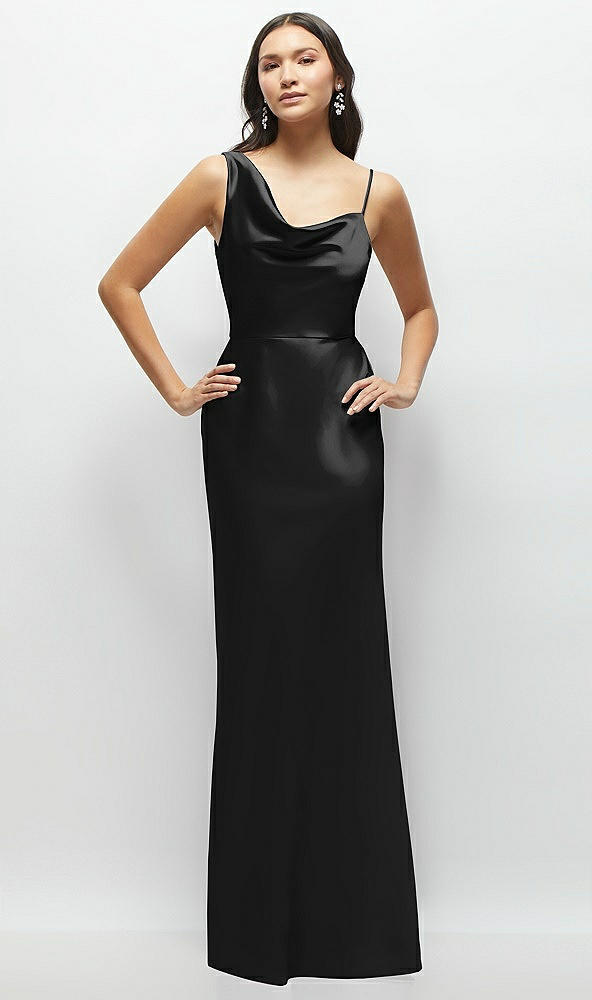 Front View - Black One-Shoulder Draped Cowl A-Line Satin Maxi Dress