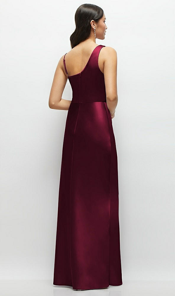 Back View - Cabernet One-Shoulder Draped Cowl A-Line Satin Maxi Dress