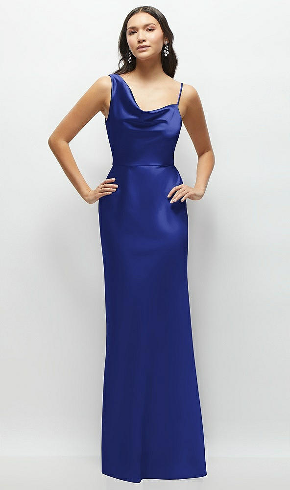 Front View - Cobalt Blue One-Shoulder Draped Cowl A-Line Satin Maxi Dress