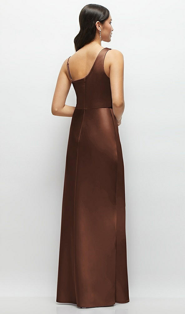 Back View - Cognac One-Shoulder Draped Cowl A-Line Satin Maxi Dress