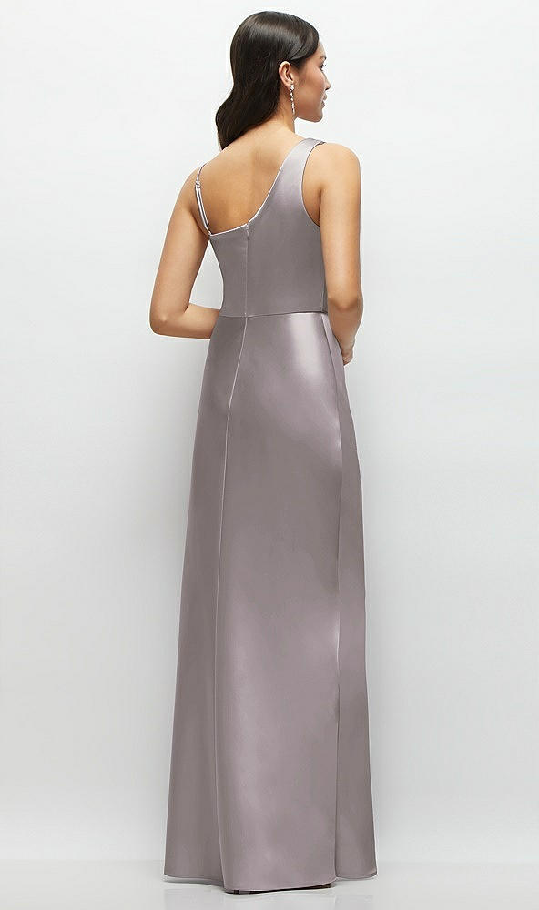 Back View - Cashmere Gray One-Shoulder Draped Cowl A-Line Satin Maxi Dress