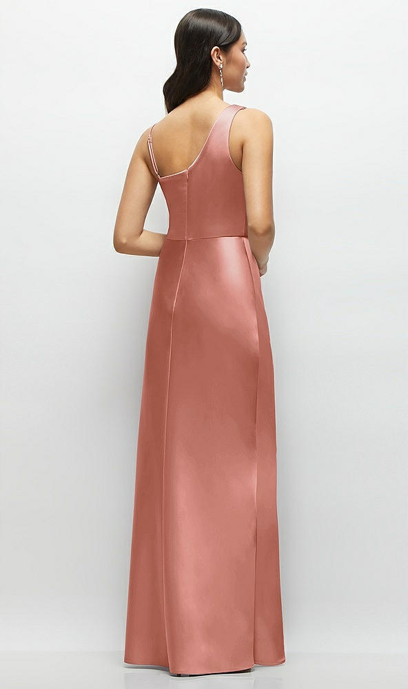 Back View - Desert Rose One-Shoulder Draped Cowl A-Line Satin Maxi Dress