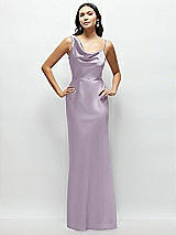 Front View Thumbnail - Lilac Haze One-Shoulder Draped Cowl A-Line Satin Maxi Dress