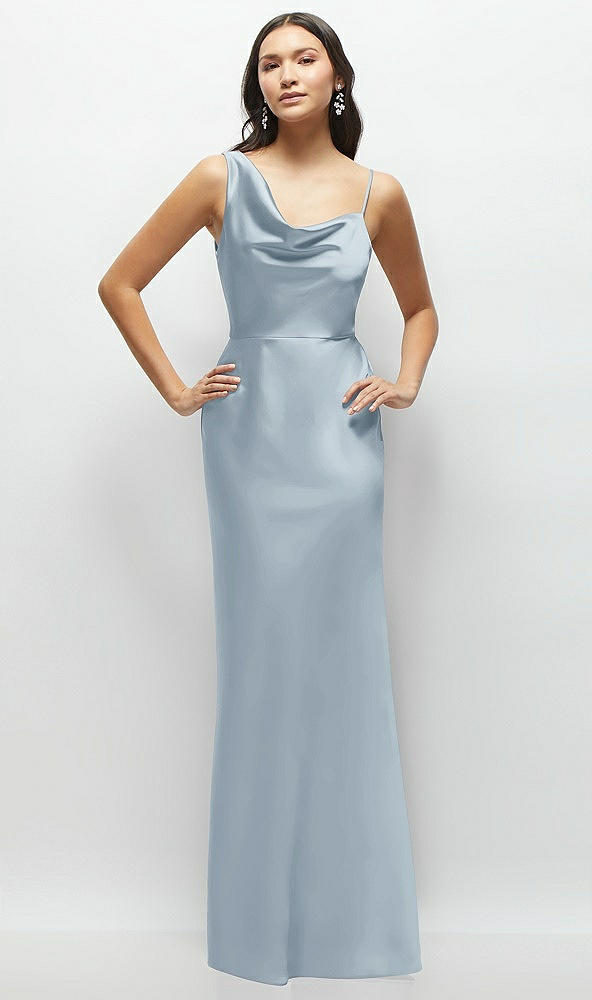 Front View - Mist One-Shoulder Draped Cowl A-Line Satin Maxi Dress