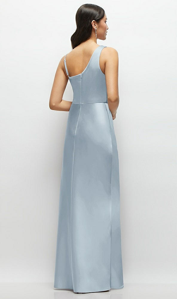 Back View - Mist One-Shoulder Draped Cowl A-Line Satin Maxi Dress