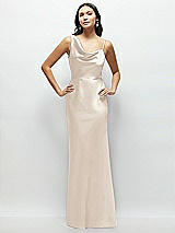 Front View Thumbnail - Oat One-Shoulder Draped Cowl A-Line Satin Maxi Dress