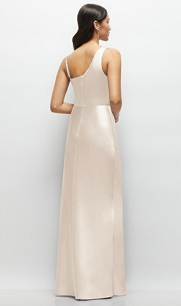 Back View - Oat One-Shoulder Draped Cowl A-Line Satin Maxi Dress