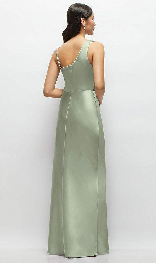 Back View - Sage One-Shoulder Draped Cowl A-Line Satin Maxi Dress