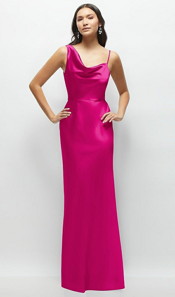 Front View - Think Pink One-Shoulder Draped Cowl A-Line Satin Maxi Dress