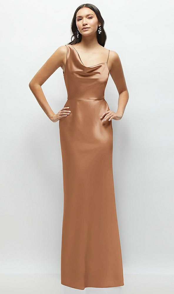 Front View - Toffee One-Shoulder Draped Cowl A-Line Satin Maxi Dress