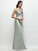 Side View Thumbnail - Willow Green One-Shoulder Draped Cowl A-Line Satin Maxi Dress