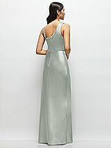 Rear View Thumbnail - Willow Green One-Shoulder Draped Cowl A-Line Satin Maxi Dress