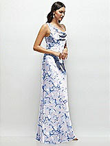 Side View Thumbnail - Magnolia Sky One-Shoulder Draped Cowl A-Line Floral Satin Maxi Dress