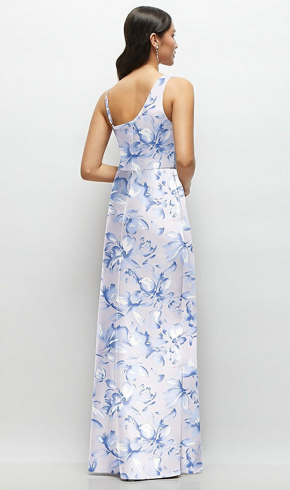 Back View - Magnolia Sky One-Shoulder Draped Cowl A-Line Floral Satin Maxi Dress