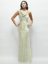 Front View Thumbnail - Vintage Primrose Celadon One-Shoulder Draped Cowl A-Line Floral Satin Maxi Dress