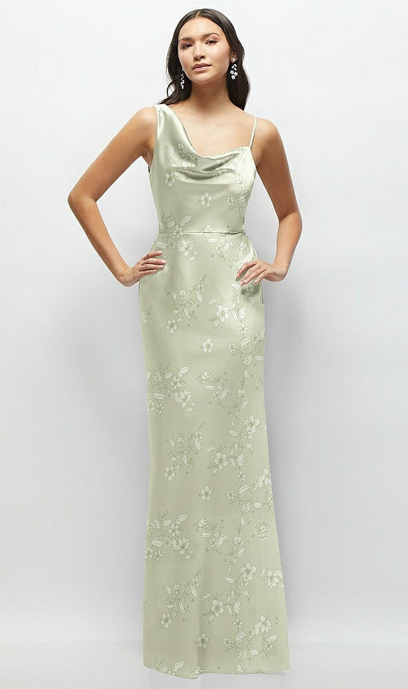 Front View - Vintage Primrose Celadon One-Shoulder Draped Cowl A-Line Floral Satin Maxi Dress