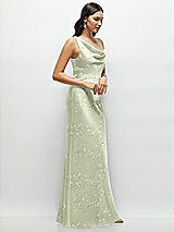 Side View Thumbnail - Vintage Primrose Celadon One-Shoulder Draped Cowl A-Line Floral Satin Maxi Dress