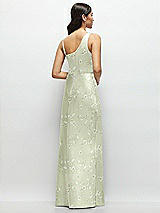 Rear View Thumbnail - Vintage Primrose Celadon One-Shoulder Draped Cowl A-Line Floral Satin Maxi Dress