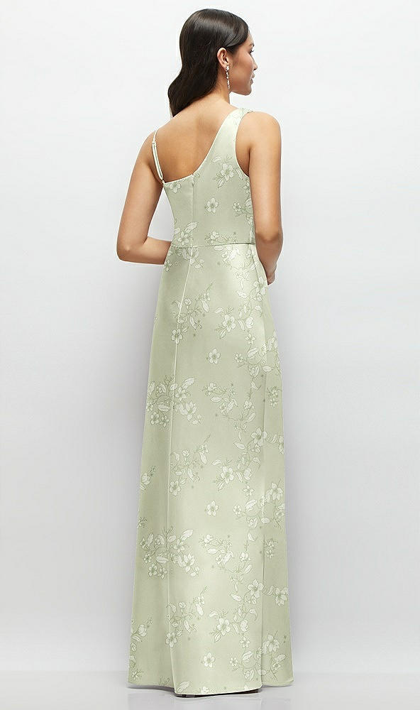 Back View - Vintage Primrose Celadon One-Shoulder Draped Cowl A-Line Floral Satin Maxi Dress