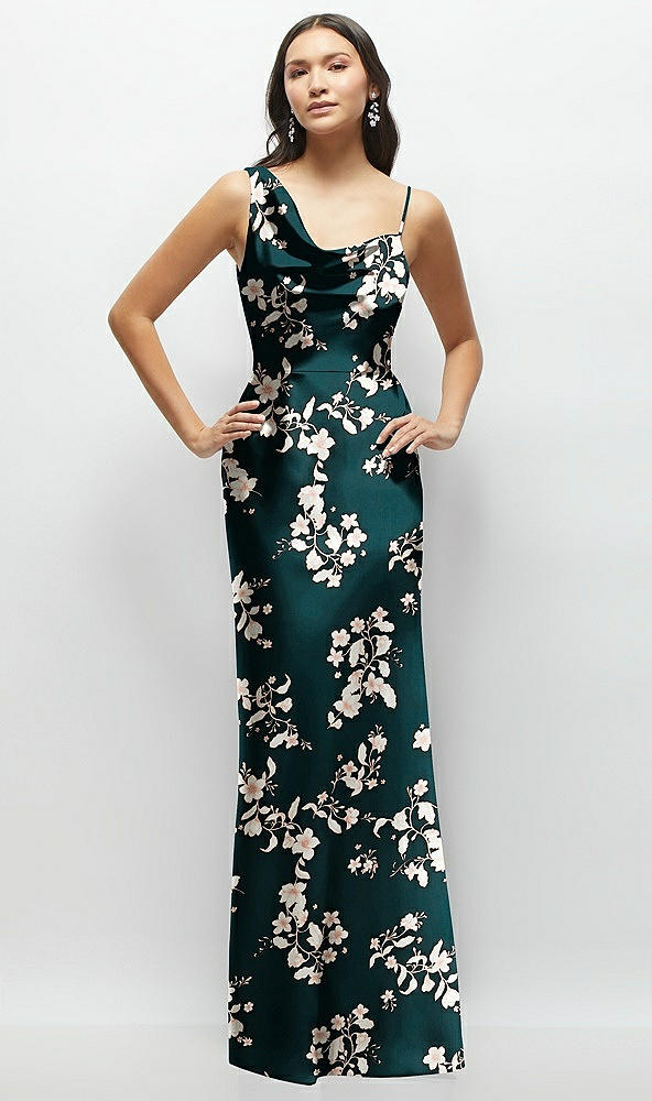 Front View - Vintage Primrose Evergreen One-Shoulder Draped Cowl A-Line Floral Satin Maxi Dress