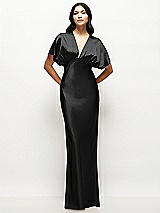 Front View Thumbnail - Black Plunge Neck Kimono Sleeve Satin Bias Maxi Dress