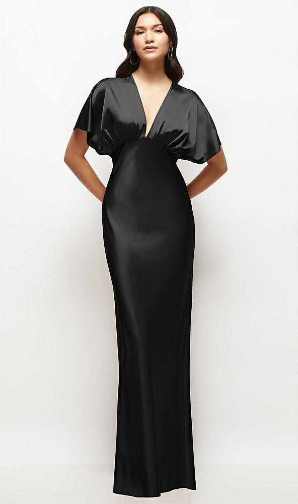 Front View - Black Plunge Neck Kimono Sleeve Satin Bias Maxi Dress