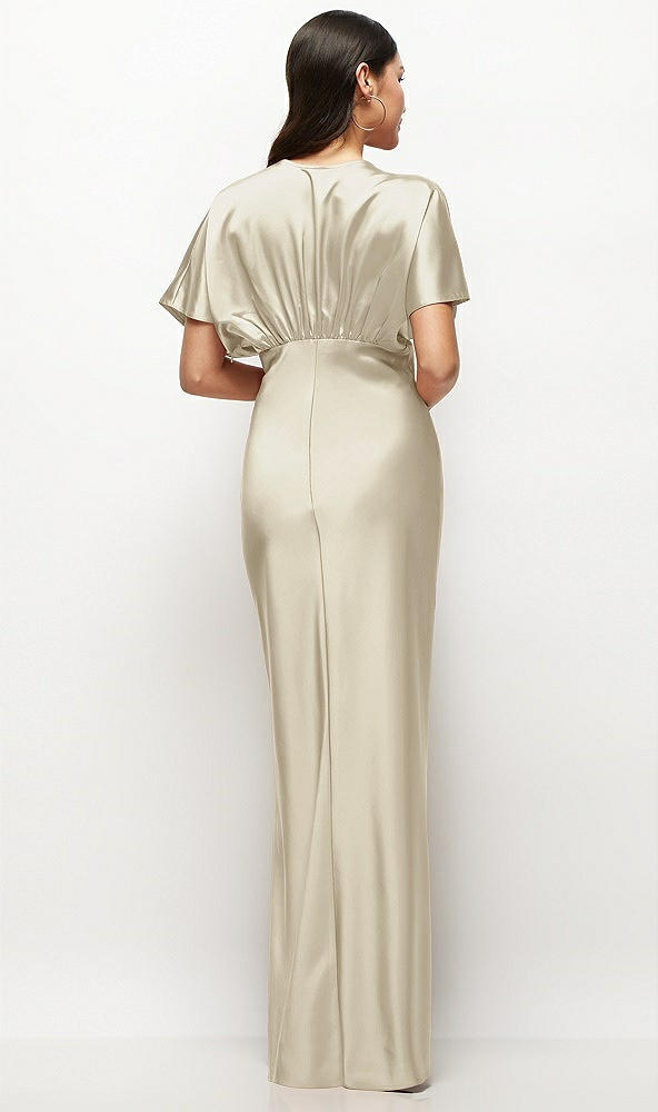 Back View - Champagne Plunge Neck Kimono Sleeve Satin Bias Maxi Dress